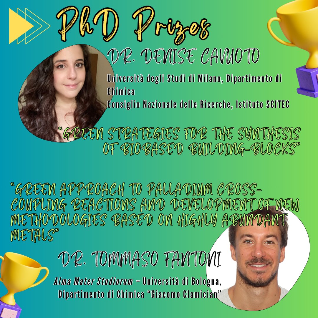 SCI-GreenChemistry (@sci_greenchem) on Twitter photo 📢 2 Days Remaining to Workshop start!! ⏱
🔎💡 2 Inspiring Keynotes from
▶ Dr. Cozzolino (CdP Spa)
▶ Prof. Fabrizio Cavani (UniBO)
🏆🎓 2 PhD Prizes 
▶ Dr. Denise Cavuoto
▶ Dr. Tommaso Fantoni
📍 Auditorium Santa Apollonia, Firenze
ℹ scigreenchemistry.wixsite.com/workshop-gccs-x 📢 2 Days Remaining to Workshop start!! ⏱
🔎💡 2 Inspiring Keynotes from
▶ Dr. Cozzolino (CdP Spa)
▶ Prof. Fabrizio Cavani (UniBO)
🏆🎓 2 PhD Prizes 
▶ Dr. Denise Cavuoto
▶ Dr. Tommaso Fantoni
📍 Auditorium Santa Apollonia, Firenze
ℹ scigreenchemistry.wixsite.com/workshop-gccs-x