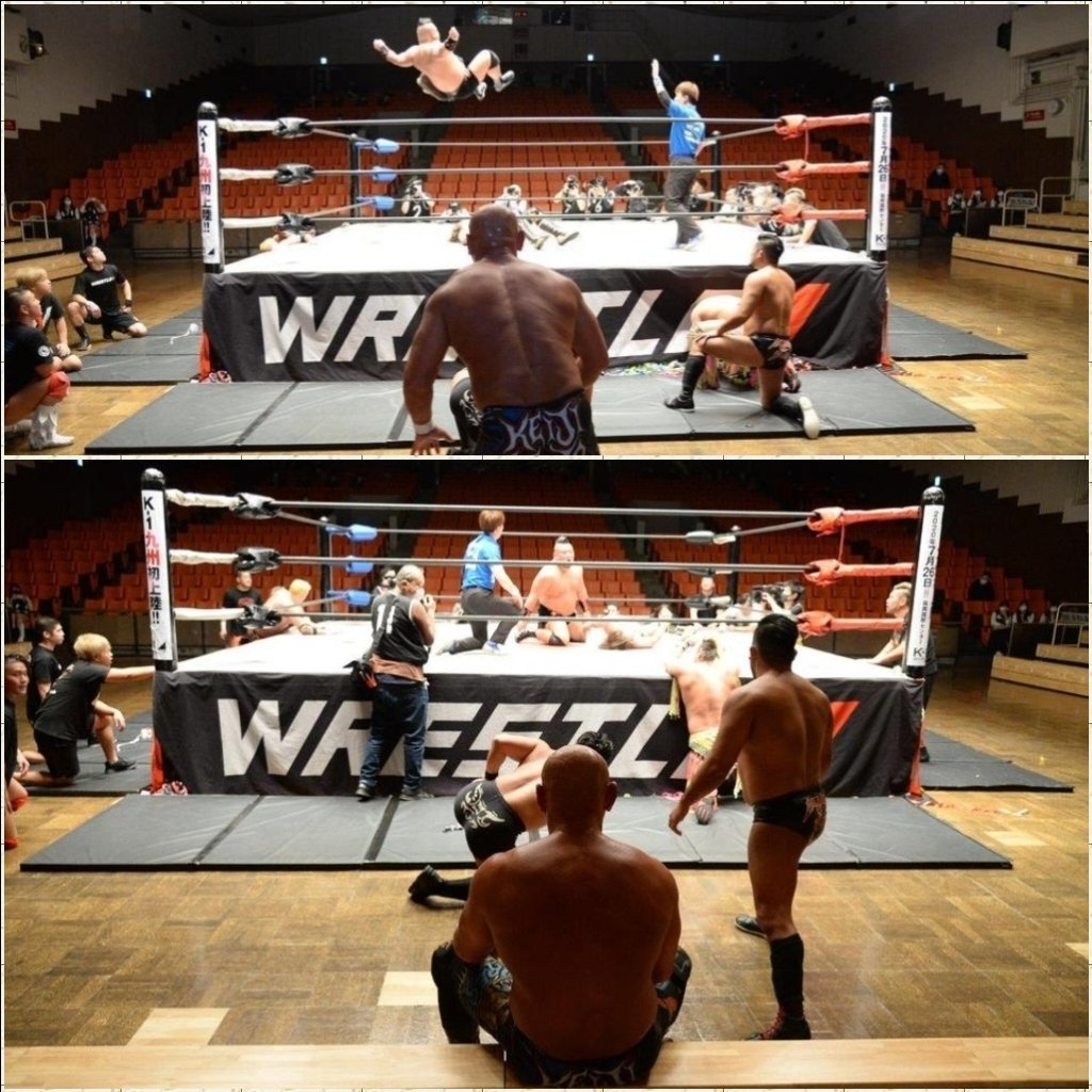 WRESTLE_1nce's tweet photo. Keiji Muto &amp; Shotaro Ashino witness the final seconds of WRESTLE-1's last scheduled match, in an empty Korakuen Hall.
- WRESTLE-1 2020.4.1 https://t.co/vLGhfH8ZHL