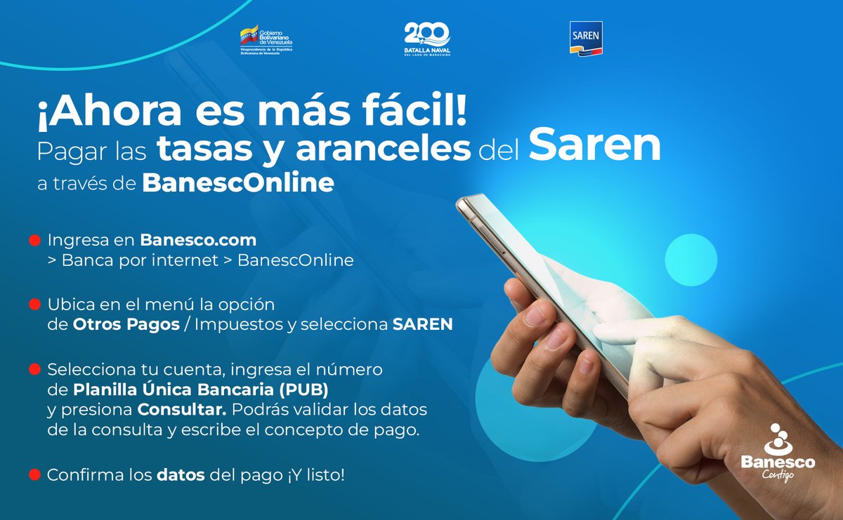 Saren_ve's tweet image. #Entérate ➡️ Conoce la ruta para pagar aranceles y tasas del @SarenVzla a través de BanescOnline

Más detalles aquí: acortar.link/vsOYIo 

#4Oct 
#SomosMayoríaDePaz