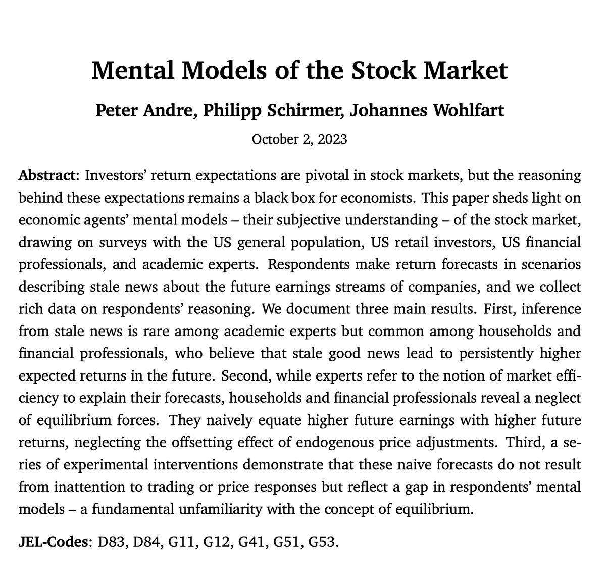 🚨 New paper! 🚨 w/ @ph_schirmer @JoWohlfart Stock markets revolve around return expectations, which traders form in light of their deeper understanding – their mental model – of the market ... ... which we know very little about. Time to change this! drive.google.com/file/d/1-_VPOR…