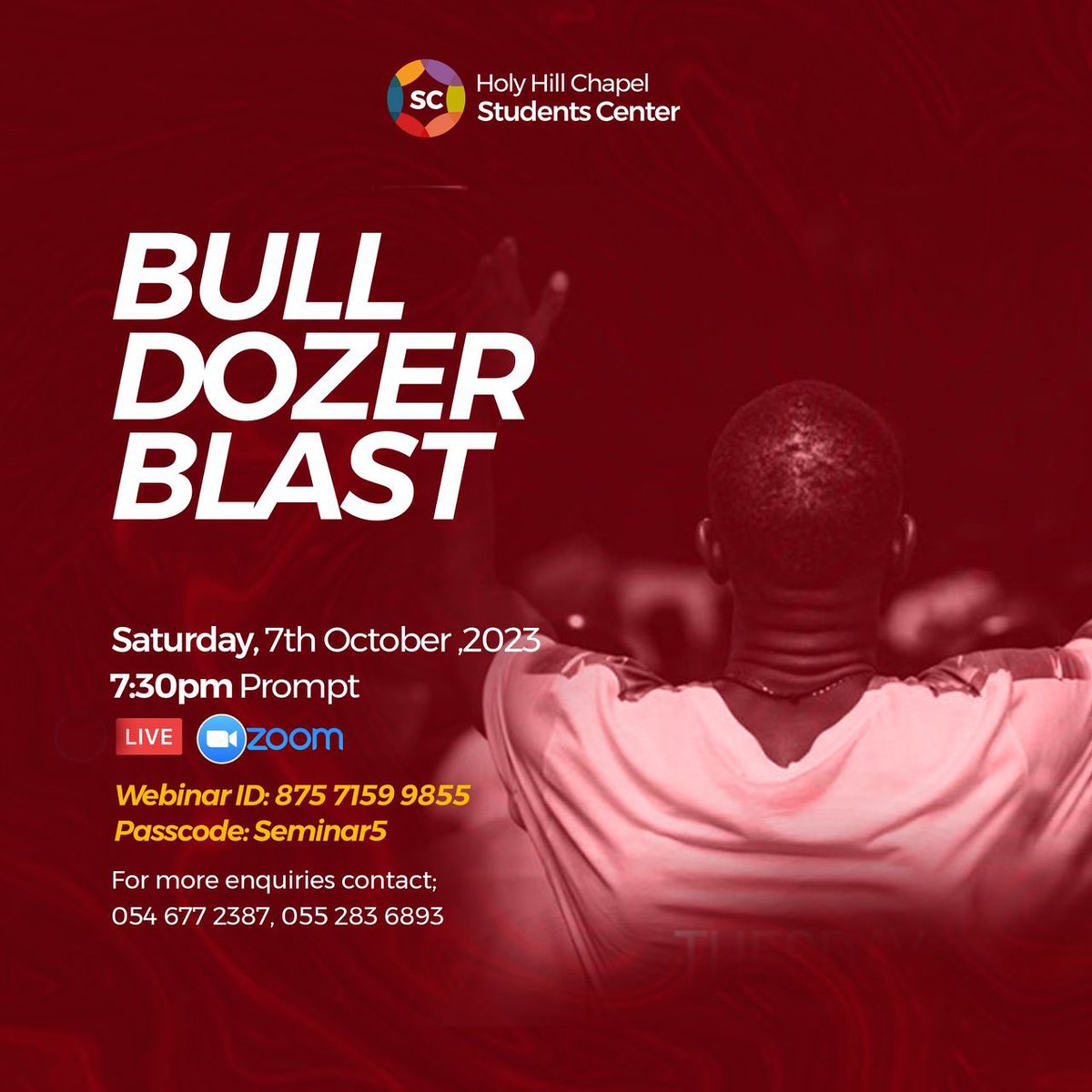 studcenter_hhc's tweet photo. Prepare for an enlightening night at Holy Hill Chapel's Students 
Center! 
Join us in prayer as we experience the power of faith at our BULL DOZER BLAST🚀💥 this Saturday, 7th October, 7:30pm sharp! 

Connect with us live via Zoom. Webinar ID: 875 7159 9855
Passcode: Seminar5 https://t.co/yhrljZ1j8X