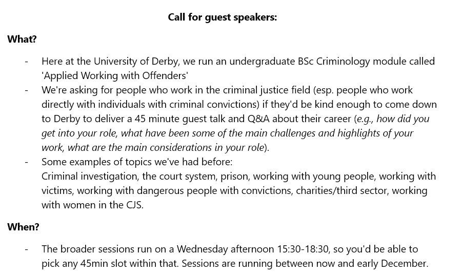 LPVinter's tweet image. 📢Call for guest speakers📢: here in @DerbyUni Criminology, we're seeking guest speakers for our 'Applied Working with Offenders' module. Please see the details on the attached picture and direct message me if interested (or email l.vinter@derby.ac.uk)😊