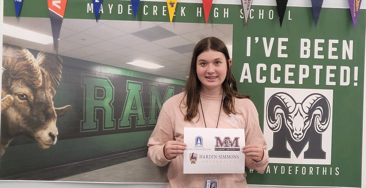 Congrats to Ciera Warren! She is our first <a href="/mchsrams24/">Mayde Creek C/O ‘24</a> senior up on our I Have Been Accepted wall! She was accepted to <a href="/mcmuniv/">McMurry University</a>, <a href="/HSUTX/">Hardin-Simmons University</a>, and <a href="/UMHB/">Mary Hardin-Baylor</a>! #MaydeForThis <a href="/MCHS_Rams/">RamNation</a>