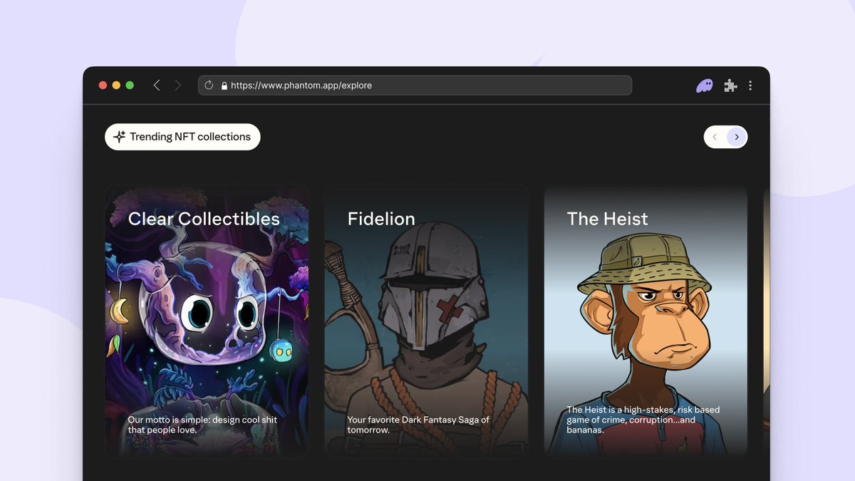 phantom's tweet photo. ✨ This week’s trending NFT collections ✨

🧊 @ClearCollectNFT
📜 @FidelionNFT
🦧 @playtheheist
🦾 @vtopiaio
🏴‍☠️ @reaversnft

Explore more on https://t.co/0JHcJ5ZlXV https://t.co/MwQM4hkS0s