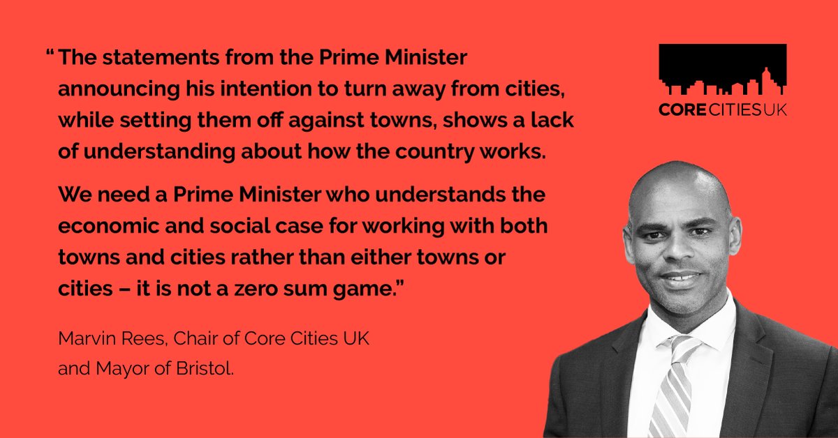 corecities's tweet photo. Our chair @MarvinJRees take on Rishi Sunak's speech in Manchester. As we've long argued  - and the recent #ukurbanfutures report underlined, it's not towns OR cities - it's both and they depend on each other! #corecities https://t.co/zwoUEOWJkY