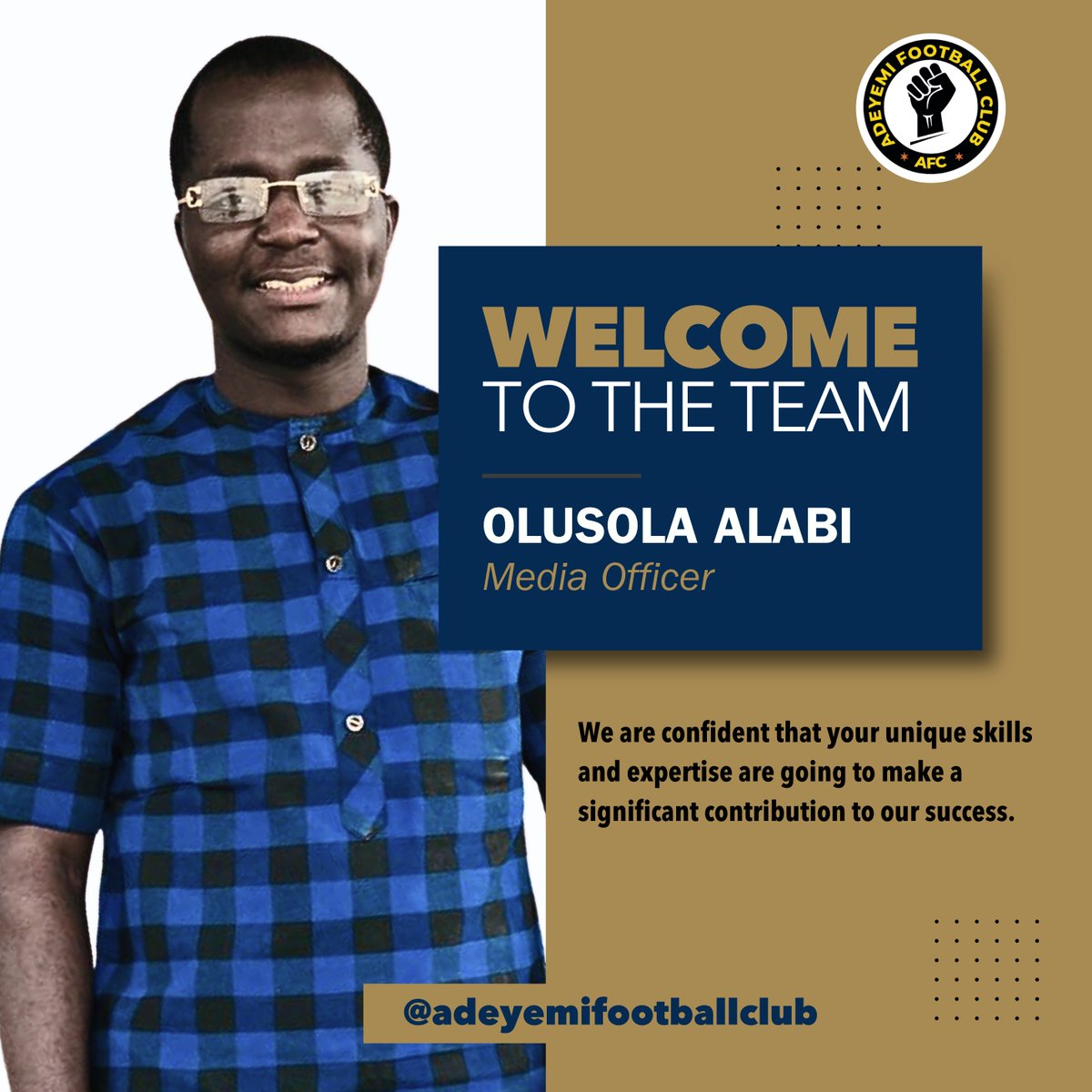 Excited to announce that
@ijobasport1
has joined @Adeyemi_FC as our new Media Officer! 🎉📷  With his wealth of experience in sports journalism, we're looking forward to taking our messaging and brand to new heights.   #AdeyemiFC #NigerianFootball #SportsJournalism
