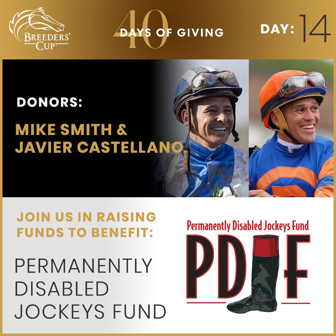 In honor of the 40th Running of the @BreedersCup, we’ve teamed up with @mikeesmith10 @jjcjockey for #BreedersCup 40 Days of Giving! Help us reach our $1,000 match goal by donating at breederscup.com/giving