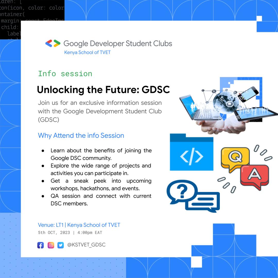 GDSC_KSTVET's tweet photo. Join us for our first info session at @kstvet LT1 as from 4pm.
Click on the link to Join our Community and RSVP for the event https://t.co/9O7ImYBKPL
#Google #DSCKSTVET #devfest2023 #developersstudentsclubs #ssastudentsummit https://t.co/tw1PCL3ap9