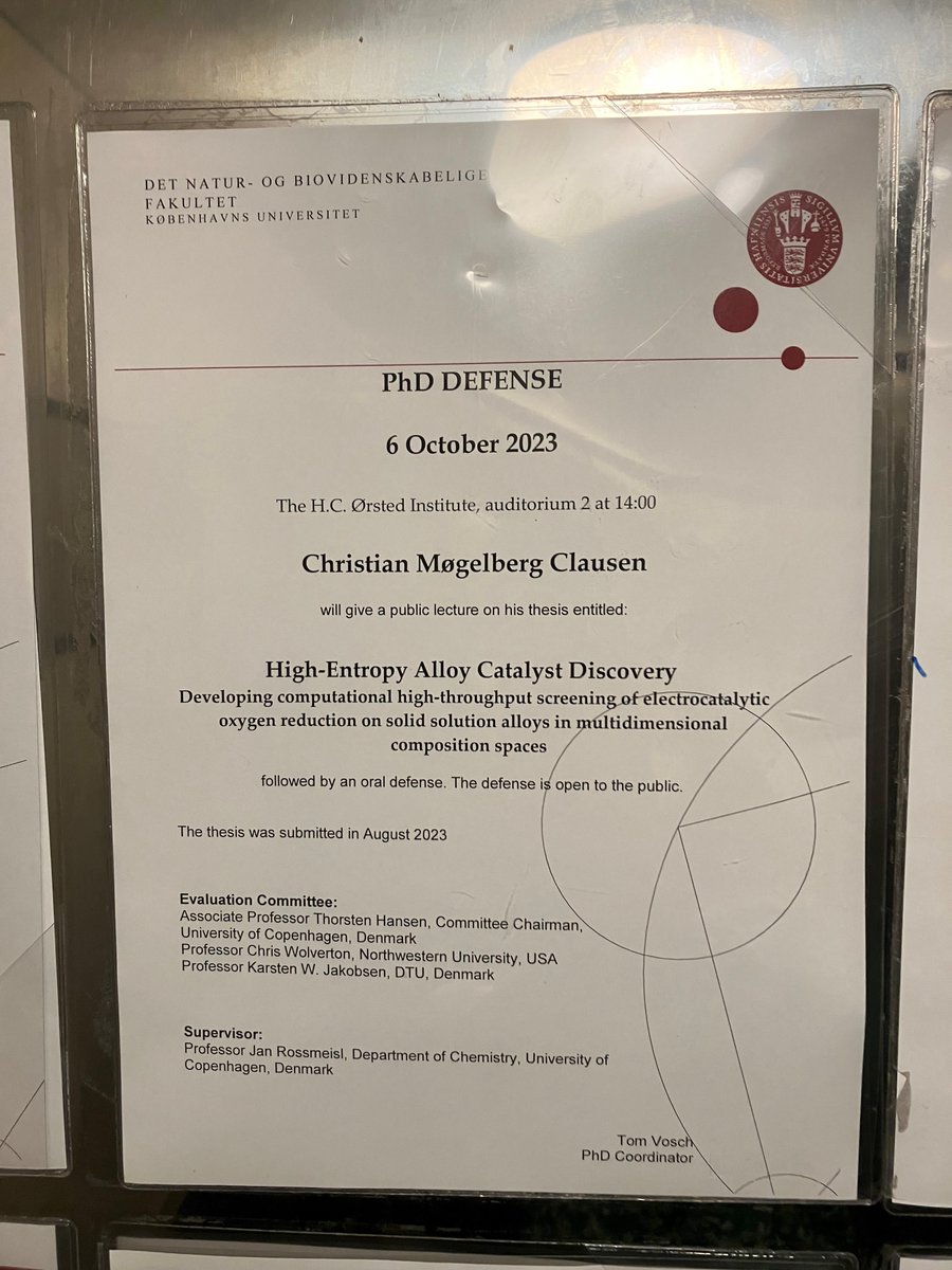 This Friday, our very first fully CHEAC-funded PhD-student Christian <a href="/CMClausen91/">This is an inactive account</a>  will defend his PhD-thesis ‘High-Entropy Alloy Catalysis Discovery’. It’s a public lecture and you are welcome to listen in if you’re in the neighborhood 🇩🇰 <a href="/CHEMUCPH/">Department of Chemistry, University of Copenhagen</a> <a href="/GrundforskFond/">Danmarks Grundforskningsfond</a>