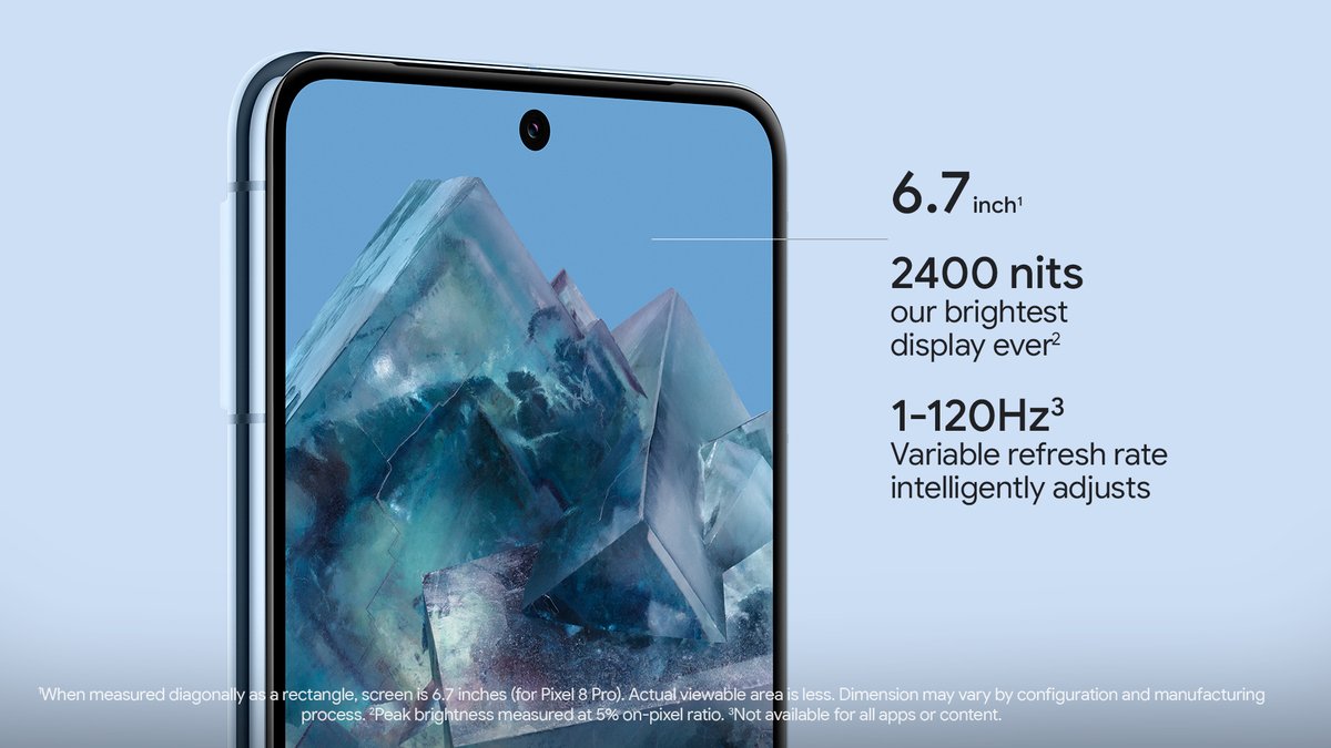 madebygoogle's tweet image. Get lost in the new 6.7” Super Actua display¹ on #Pixel8 Pro 🎉

✨ 2400 nits peak brightness²
🔄 Variable refresh rate that intelligently adjusts from 1-120Hz³
🖼 See Ultra HDR images even in direct sunlight

#MadeByGoogle