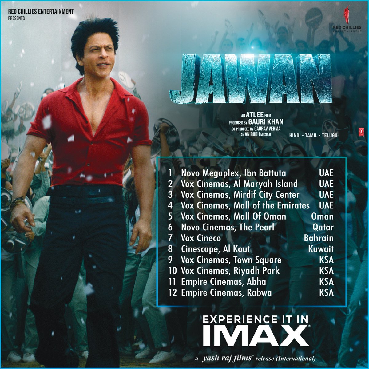 Experience the madness of Jawan in IMAX! 😎 The theatre listings are here so book your tickets now for Jawan in Hindi!

A <a href="/yrf/">Yash Raj Films</a> Release in International Markets.
#YRFInternational
