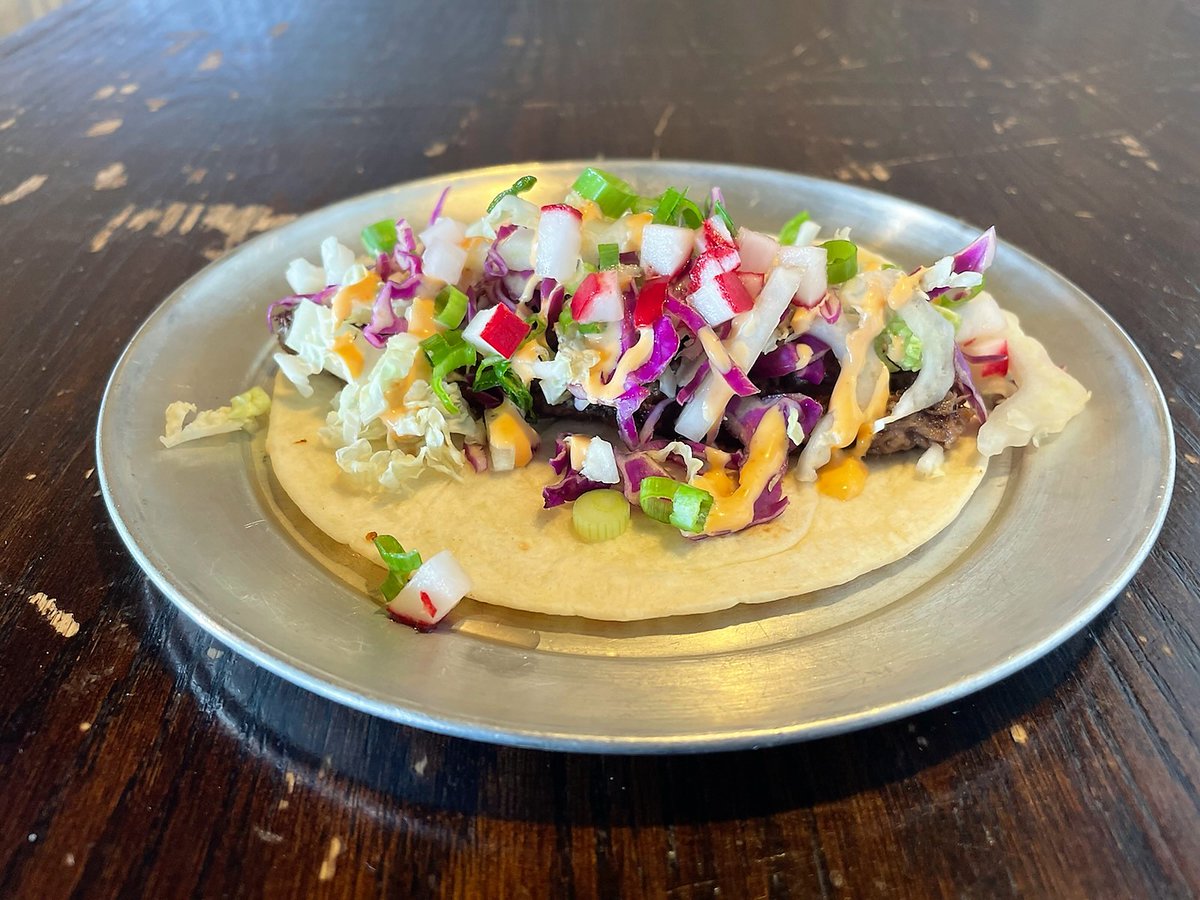 FireItUpTacos's tweet photo. Korean BBQ Taco happening now! House-made Bulgogi Beef, Napa Cabbage, scratch-made Siracha Aioli, spicy house-pickled Radish and Green Onion. https://t.co/CXYlOS2bnF