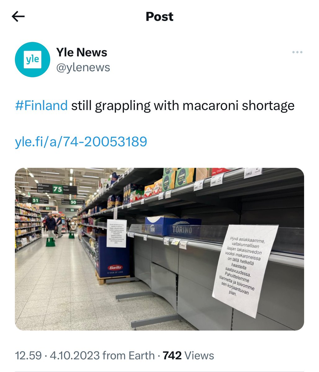 idilgaziulusoy's tweet photo. Finland’s most important problem right now. #finnishproblems #firstworldproblems #hotoffpress #finlandnews “if there’s no pasta why don’t we eat rye bread?” https://t.co/b2Jf9d20OP