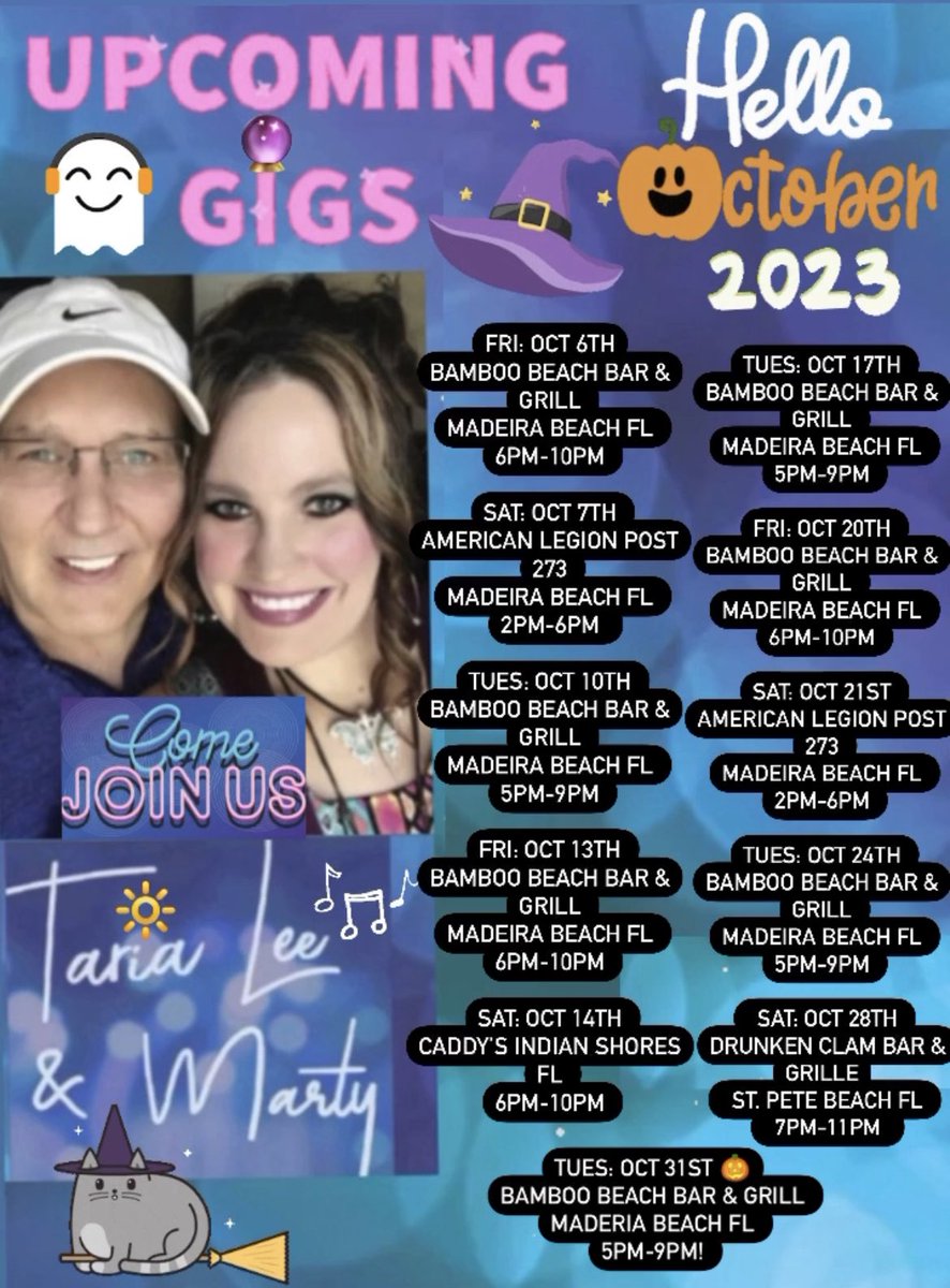 TariaLeeMusic's tweet photo. Hey Y’all, Here’s Marty &amp; I’s 
🎃👻🌻October 2023🍁🍂🪸upcoming show schedule! Come enjoy some good times &amp; fun music with us in the near future!😘🎶🍹🌴🌞 🌊💗 https://t.co/PaYiMmbZO7