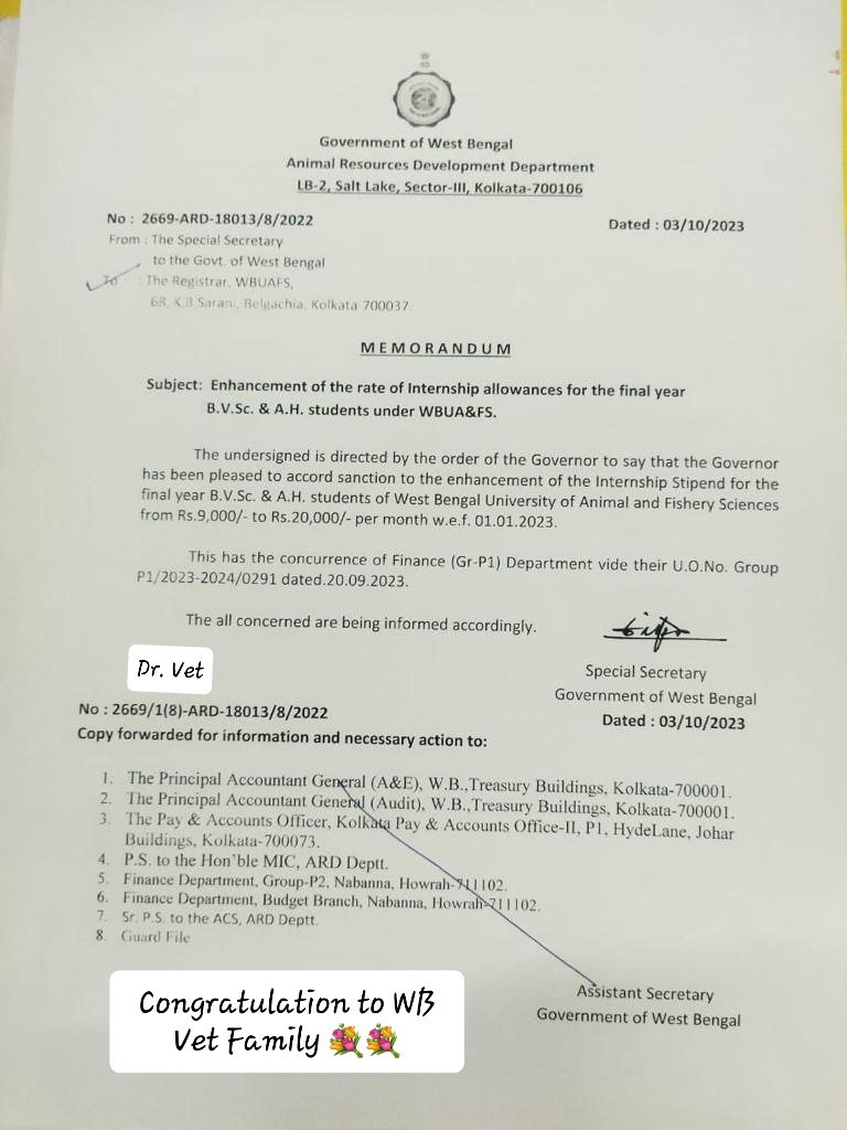 Thank you <a href="/MamataOfficial/">Mamata Banerjee</a> ji for enhancement of the rate of Internship Allowances for the final year B.VSc &amp; A.H. Students of WBUA&amp;FS (Rs. 9000 to 20,000/Per Month)

Many many Congratulations to WB Vet Family 💐💐