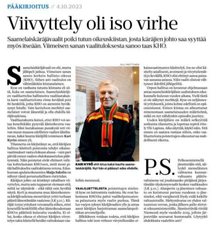 sari_backman's tweet photo. Lapin Kansan pääkirjoitus kertoo kaiken olennaisen. Mikään ei muutu, jos nykyinen ihmisoikeuksien ja yhdenvertaisuuden polkeminen saa jatkua. Vaalitulos on mitätöitävä, oikeuden täytyy tapahtua. #perustuslaki #yhdenvertaisuus #rasismi #saamelaiskarajat https://t.co/GZUww7hEwy