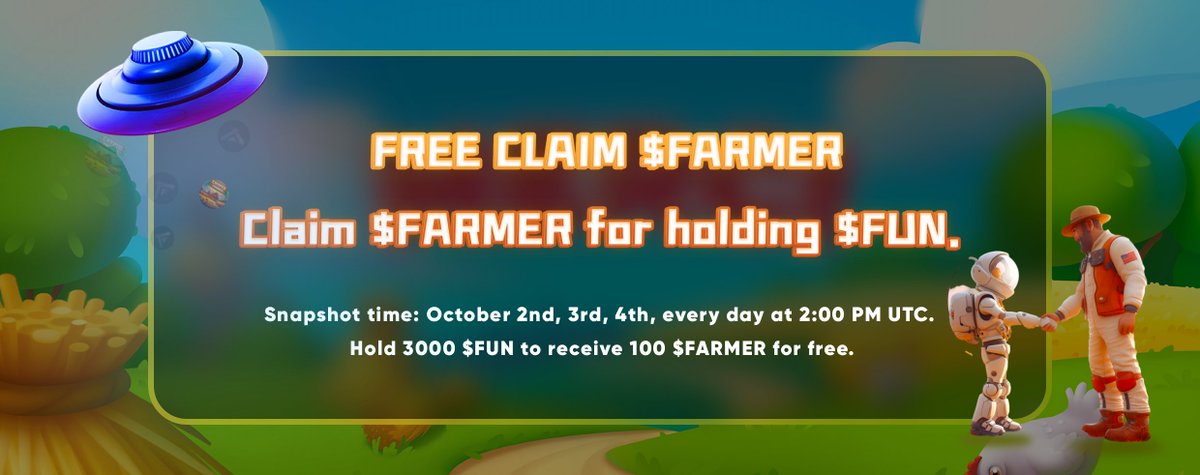 🔥Free Claim has officially started!
📸️Snapshots for the three days have been successfully recorded.
🔗Visit famswap.io/freeAirdrop to claim your $FARMER ! 
⏰: October 4th, 14:00 UTC - October 13th, 14:00 UTC
✊The first 1000 users will be served on a first-come,first-served!