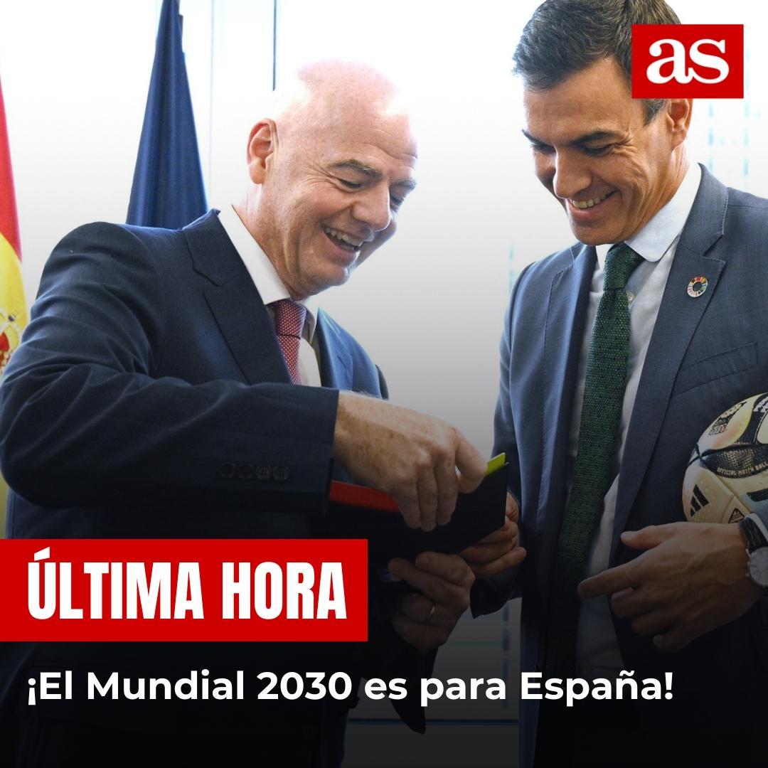 diarioas's tweet photo. 🚨 #ÚLTIMAHORA

🇪🇸¡El Mundial 2030 es para España!

🏆La FIFA concede a la candidatura española, junto con Portugal y Marruecos, la organización del torneo. Argentina, Uruguay y Paraguay, sedes de los partidos inaugurales.

📰Todos los detalles: https://t.co/mGWlBbSCPQ https://t.co/Hn9vBRD2ef