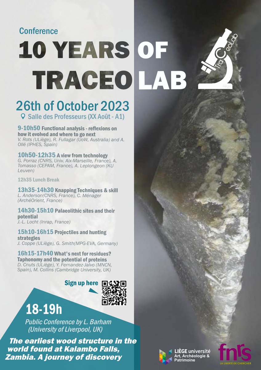 TraceoLab is already ten years old ! For the occasion, we organise an anniversary conference on the 26th of October, followed by a public lecture by Lawrence Barham (Univ. of Liverpool) and drinks. Program and info: traceolab.uliege.be/cms/c_11206168… Register: forms.office.com/pages/response…