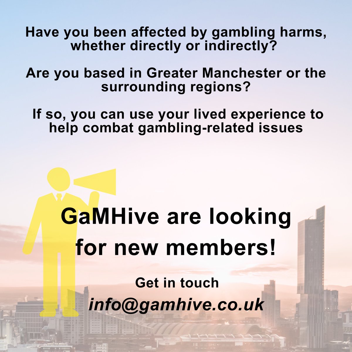 Lived experience group <a href="/GaMHive/">GaMHive</a> are opening up the group to new members.🙂

The lovely folk of GaMHive are crucial to our work to prevent and reduce the impact of gambling across Greater Manchester.🐝

Interested to find out more? Email info@gamhive.co.uk.