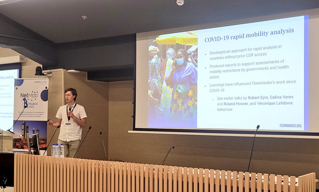 flowminder's tweet photo. Busy week @NetMob23 with 7 talks + 1 poster to be presented. James is now on stage for our last talk of the day, focusing on how #COVID19 changed our approach and thinking around #CDRdata analytics, and how we supported the pandemic response in 7 countries. #data4good https://t.co/Dzce4T50xA