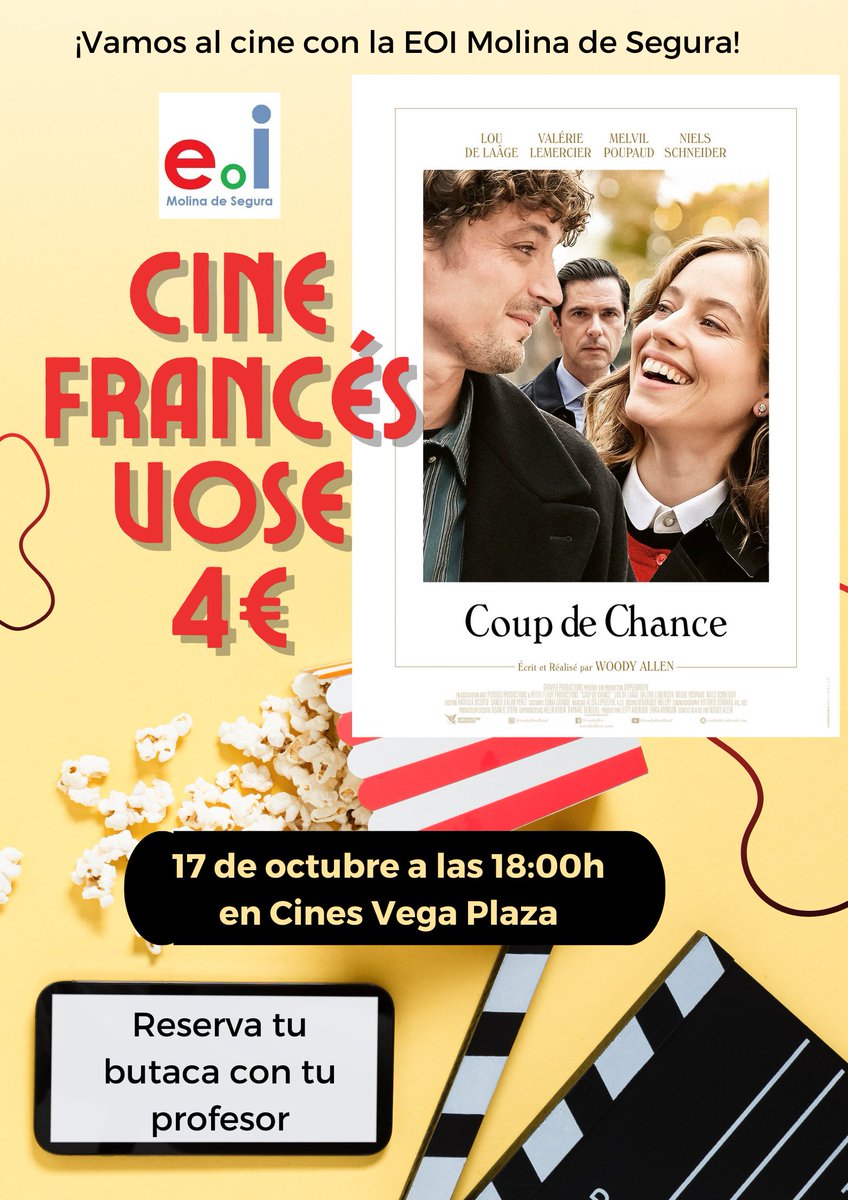 EoiMolina's tweet image. 📽️¿Qué haces el martes 17 de octubre? Reserva la fecha para acudir, con el departamento de #francés @EoiMolina a ver esta película en el cine Vega Plaza de Molina, en #VOSE, 🇫🇷francés con subtítulos en español. 🍿🎬