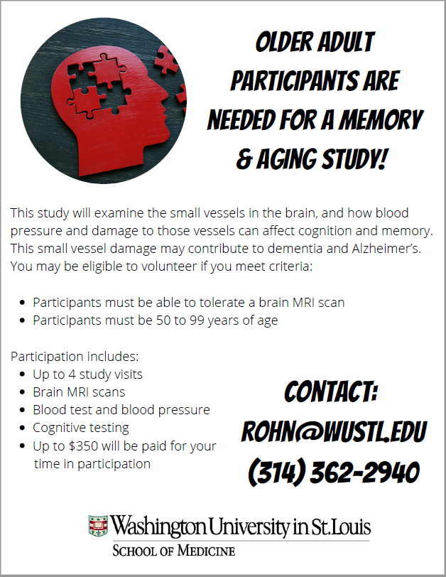 Volunteer for Health (@washuvfh) on Twitter photo Participants are needed for a research study at #WashUMed in #STL! This study will look at the small vessels in the brain and how damage to those vessels can affect cognition & memory. There are up to 4 study visits. Up to $350.00 is provided. rohn@wustl.edu or (314) 362-2940. Participants are needed for a research study at #WashUMed in #STL! This study will look at the small vessels in the brain and how damage to those vessels can affect cognition & memory. There are up to 4 study visits. Up to $350.00 is provided. rohn@wustl.edu or (314) 362-2940.
