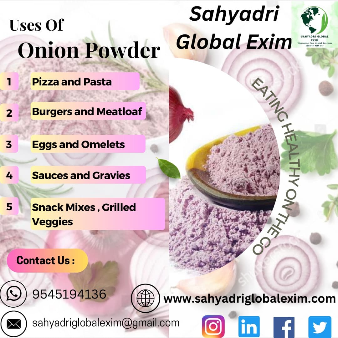 Elevate your meals with this kitchen hero. Pizza nights,taco feasts,salad sensations,and more!#SahyadriGlobalExim #NaturalFlavor #PureIngredients #Onion #OnionPowder #Dehydratedonion #Spices #Indianexporters #germany #brazil #USA #indonesia #belgium #UK #netherland #turkey