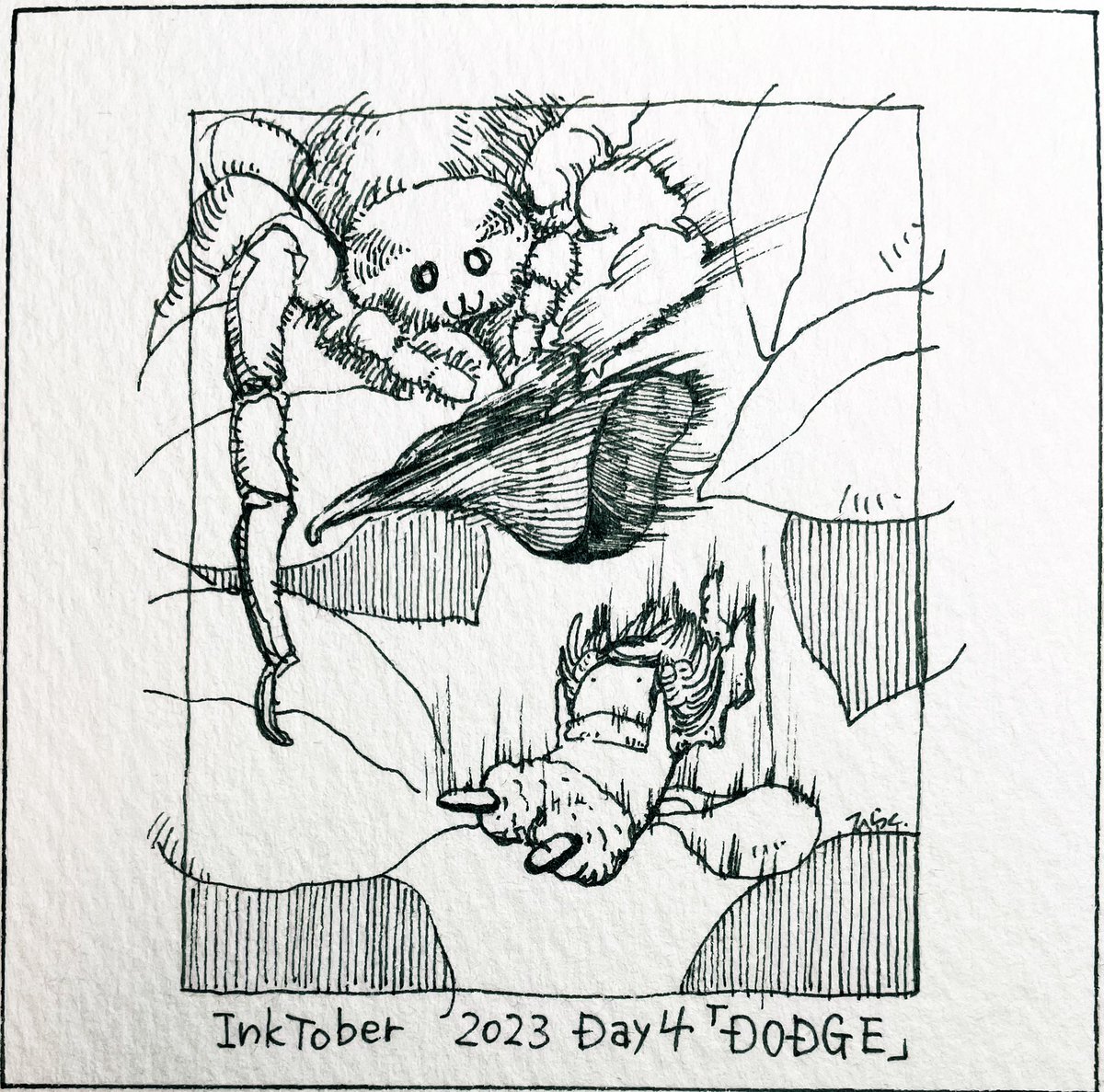 10/4: DODGE 危機一髪! Close call!  (10/2:SPIDERS の続きです。 10/2: Continuation of SPIDERS.)   #inktober2023 #inktober2023day4 #Pavot #ペン画