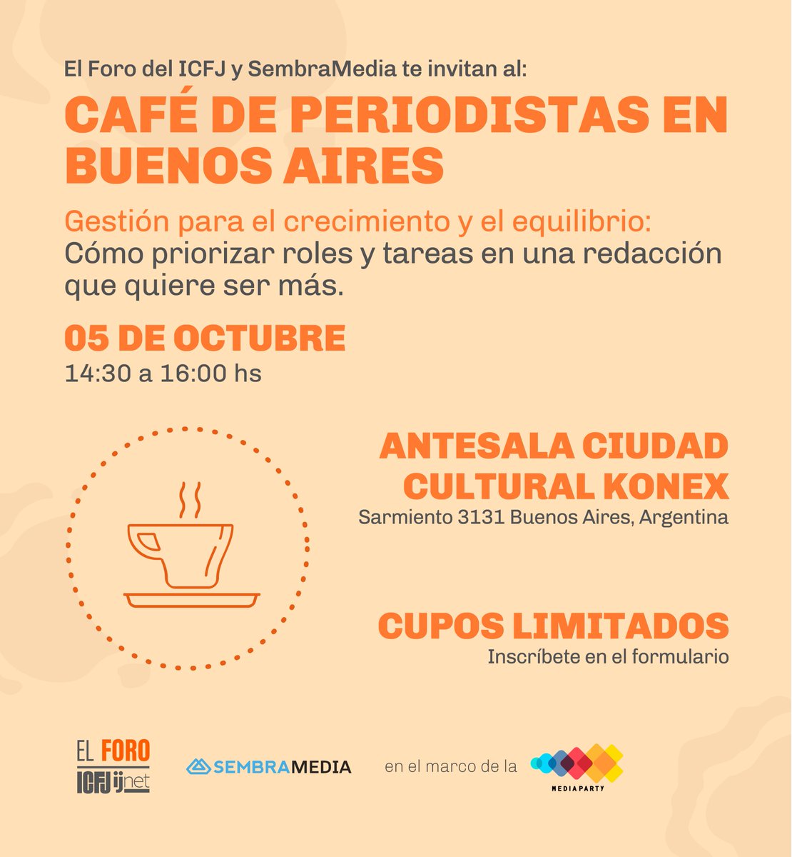 ¿Cómo te gusta el café? ☕✨ Mañana tomamos uno y hablamos de periodismo en Buenos Aires 🇦🇷. Súmate al Café para Periodistas, un hermoso evento exclusivo que organizamos junto a @ICFJ/@ijnetEs en el marco de la #MediaParty 🎉. Inscríbete aquí 👉 bit.ly/3Rxmvhg