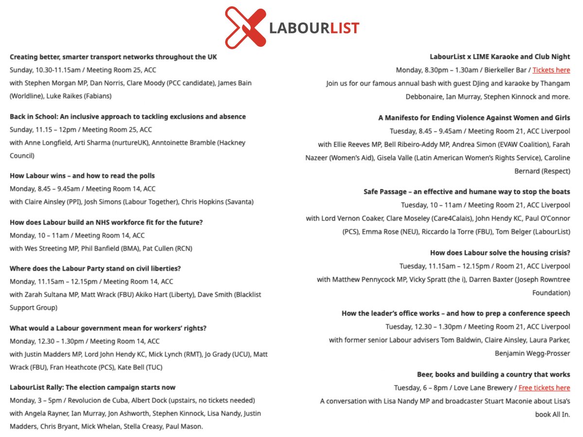 🗣️ LABOURLIST CONFERENCE PROGRAMME 🗣️ Interested in health, schools, housing, asylum, women's rights, workers’ rights, transport, civil liberties, reading the polls or crafting a speech? We’ve an event for you – here’s what’s in store in Liverpool 🧵 #Lab23 #Labconf23