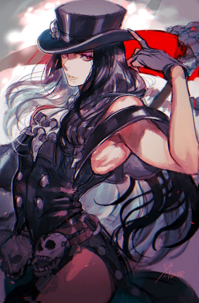 hat black hair long hair scythe red eyes gloves fingerless gloves  illustration images