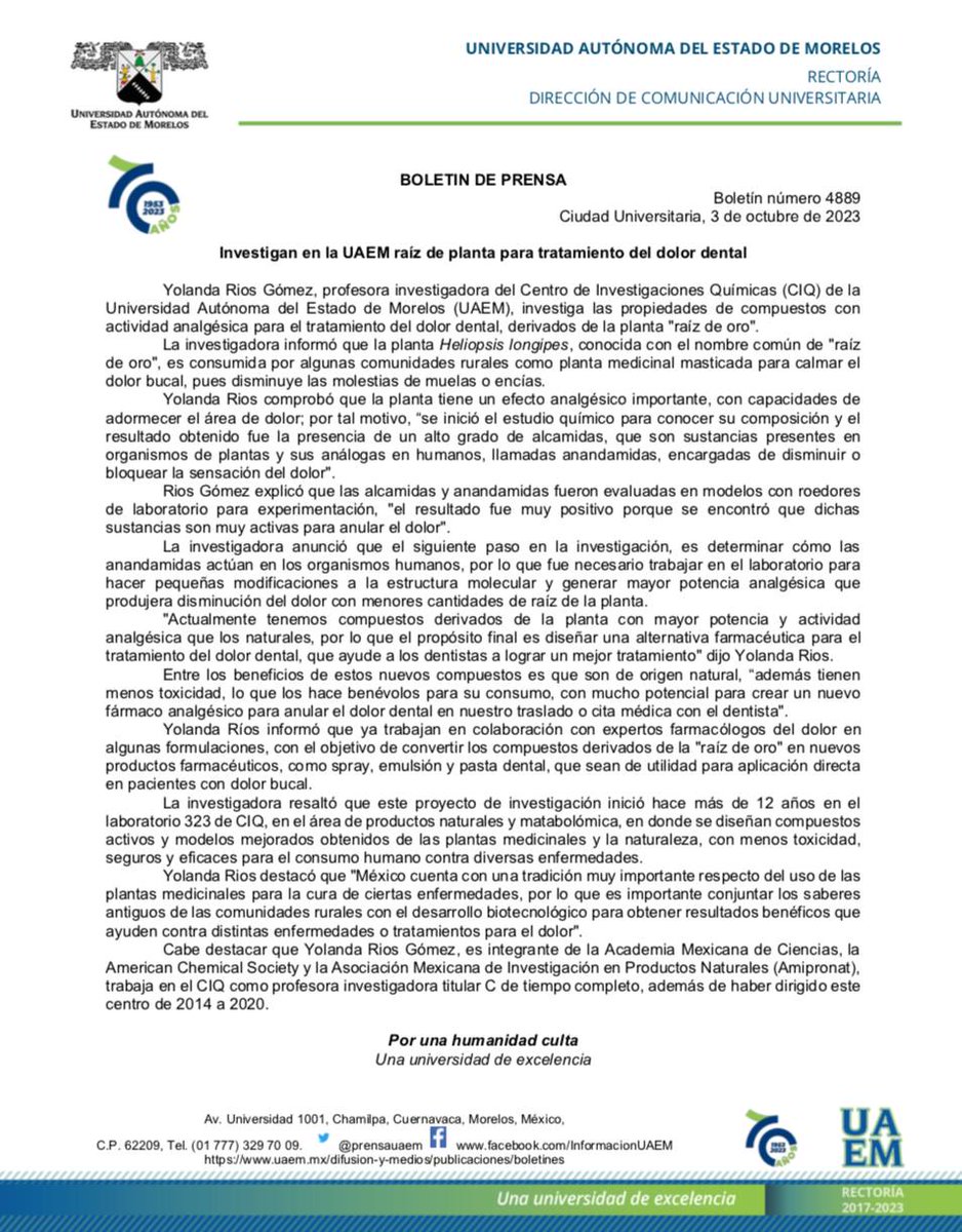 CIQUAEM's tweet photo. #BOLETIN
#MuyInteresante
#ConoceMas
La Dra. Ma. Yolanda Rios Gómez #Investigadora del #CIQ estudia raíz de planta para tratamiento del dolor dental. https://t.co/XbuY1A8JKM
#OrgulloCIQ
#Ciencia
#CIQ https://t.co/uaedKAzffG