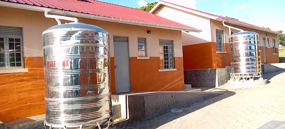 Ready for commissioning: DRDIP constructed teachers' houses with; latrines, kitchen, rain water harvest tanks and a well paved compound at Noor Primary School in Moyo District.