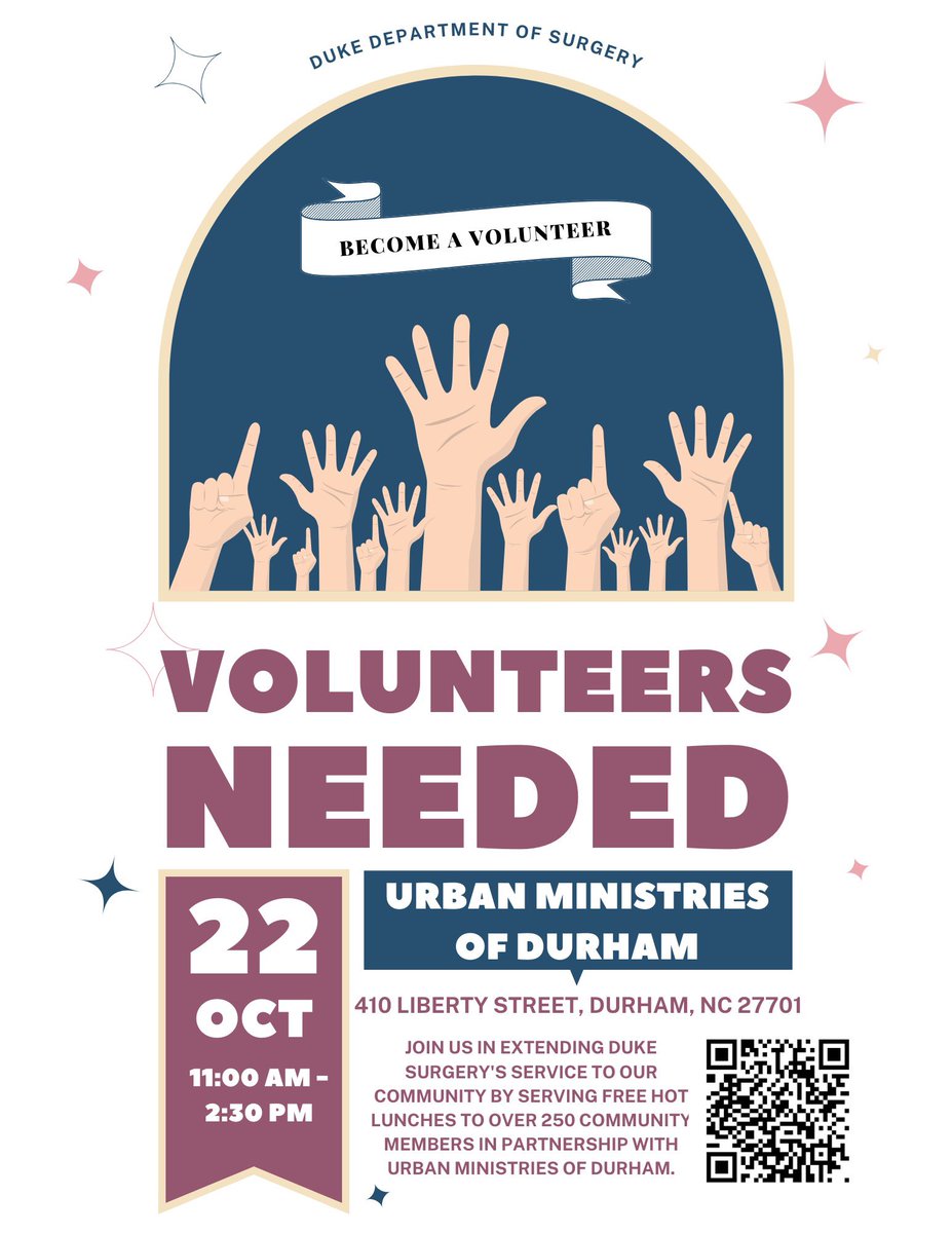 Calling all @DukeMedSchool students! The @DukeSurgery and @DukeSurgRes is partnering w/ Urban Ministries of Durham to serve hot meals to the Durham housing insecure community on Oct 22! Sign up to volunteer: duke.qualtrics.com/jfe/form/SV_0p… @Anthony35698915 @JMigaly @mary_moyamendez