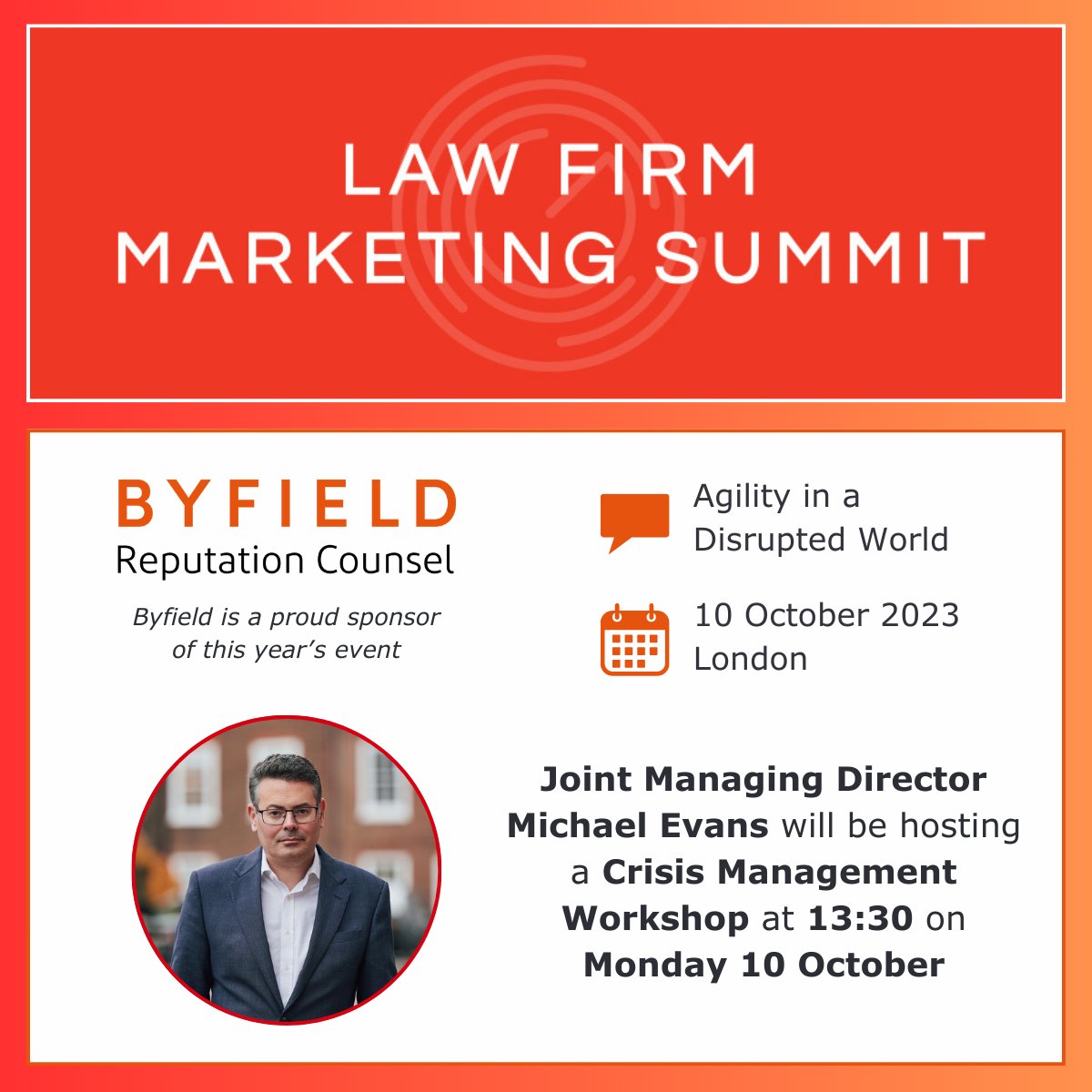 Byfield is proud to sponsor this year’s <a href="/LFMSummit/">Law Firm Marketing Summit</a>, taking place on 10 October 2023 at the Caledonian Club in London. The event explores the many new opportunities and challenges facing the #legal community.

lawfirmmarketingsummit.com