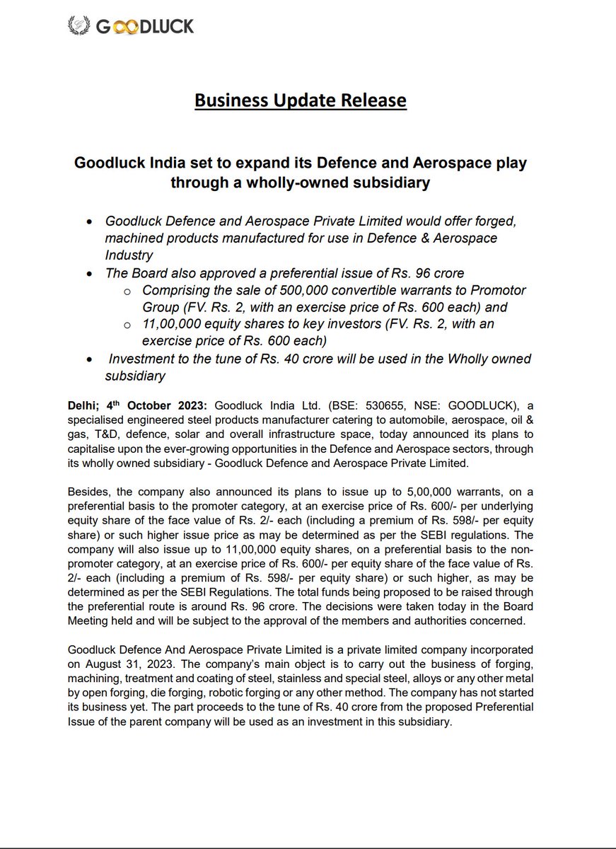 VishweshInvests's tweet photo. Goodluck India is making a strategic move into the Defence and Aerospace sectors by setting up a wholly owned subsidiary.
The company is also raising funds to support this expansion. This move is in line with the GOI focus on Make in India and Aatmanirbhar Bharat.
#StockMarket https://t.co/C1b7tVcjAr