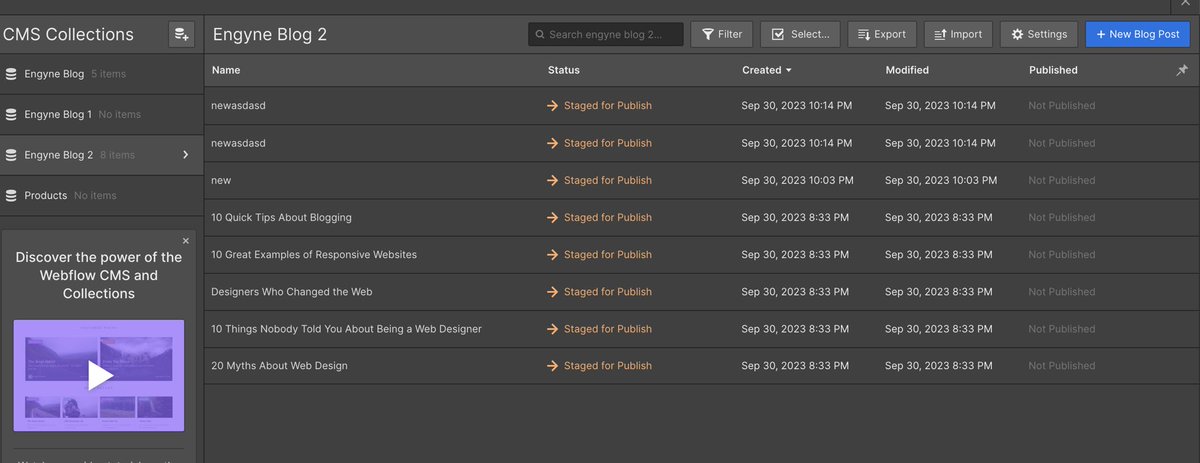 Huge Feature Update for <a href="/EngyneHQ/">Engyne 🚂</a>:

You can now publish SEO-optimized blogs directly to your @Webflow CMS⚡️

Here’s how it works:
- Use our AI-writer to create high quality blogs 
- Transfer posts to Webflow collections to keep your design/brand
- Publish to your site in seconds