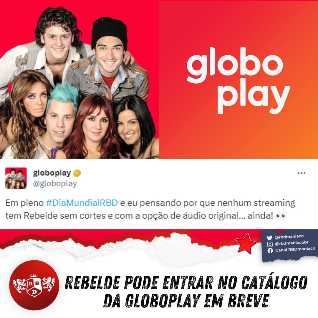 🚨 REBELDE NA GLOBO! O aplicativo Globo Play mudou a sua foto de perfil e bio no twitter para uma do RBD e comenta nas redes: "Em pleno #DiaMundialRBD e eu pensando por que nenhum streaming tem Rebelde sem cortes e com a opção de áudio original... ainda! 👀"