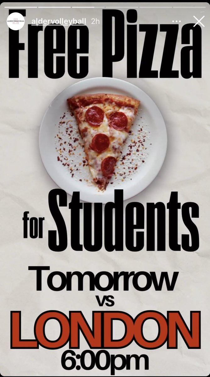 volleyballJA's tweet photo. We wou❌d  ❤️ to see a ton of students at our home game against ❌ondon tomorrow. Dinner is on us! Free pizza for the student section. Pizza arrives at 6. 🍕🍕 https://t.co/8Nwbn8Wc75