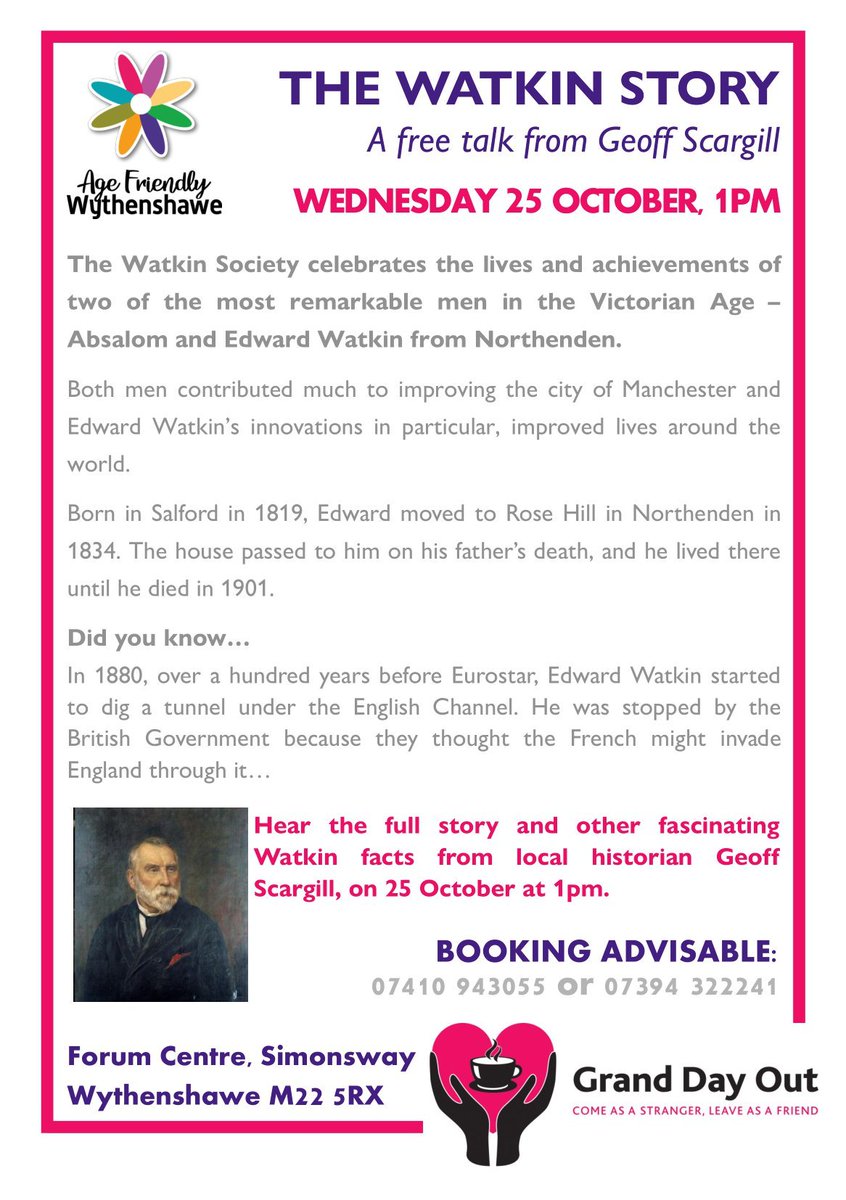 At the next Age Friendly social meet-up on 25th October, residents will have the choice of attending a free talk from Geoff Scargill around Edward Watkin or a free talk and advice session from Jess around energy advice and saving money! Both at the Forum from 1pm!