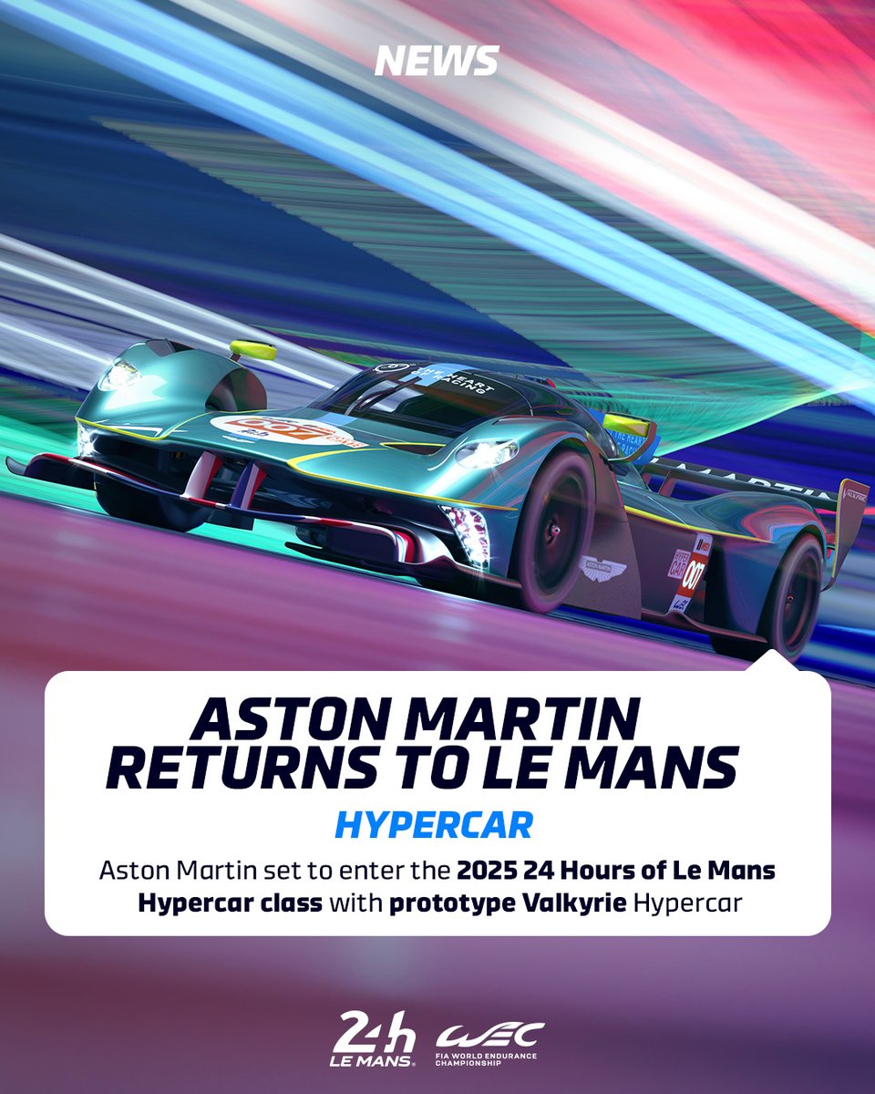 24hoursoflemans's tweet photo. 𝗔𝘀𝘁𝗼𝗻 𝗠𝗮𝗿𝘁𝗶𝗻 𝘄𝗶𝗹𝗹 𝗯𝗲 𝗷𝗼𝗶𝗻𝗶𝗻𝗴 𝘁𝗵𝗲 #𝗛𝘆𝗽𝗲𝗿𝗰𝗮𝗿 𝗳𝗶𝗲𝗹𝗱 𝗶𝗻 𝟮𝟬𝟮𝟱! 🟡🟢

At least one @astonmartin Valkyrie will be on the grid at the @24hoursoflemans  and in @FIAWEC,  representing the British marque under the Heart of Racing banner.
#WEC https://t.co/p2tX1eaoi7