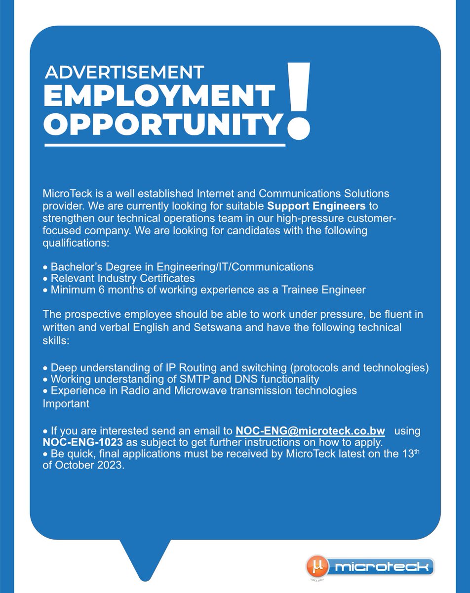 MicroTeck Enterprises (@microtecke) on Twitter photo We are looking for a  2x TECHNICAL SUPPORT/SERVICE ENGINEERS - to join our team.
Follow the instructions in the attached document to apply today!
Application deadline: 13th October 2023 <a href="/16/">@16</a>:30hrs We are looking for a  2x TECHNICAL SUPPORT/SERVICE ENGINEERS - to join our team.
Follow the instructions in the attached document to apply today!
Application deadline: 13th October 2023 <a href="/16/">@16</a>:30hrs