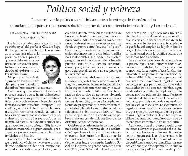 👉 Lee aquí la columna de opinión sobre “Política social y pobreza” del Director Nacional de FOSIS, Nicolás Navarrete Hernández, que hoy se publicó en el espacio de Tribuna de 📰 diario El Mercurio.