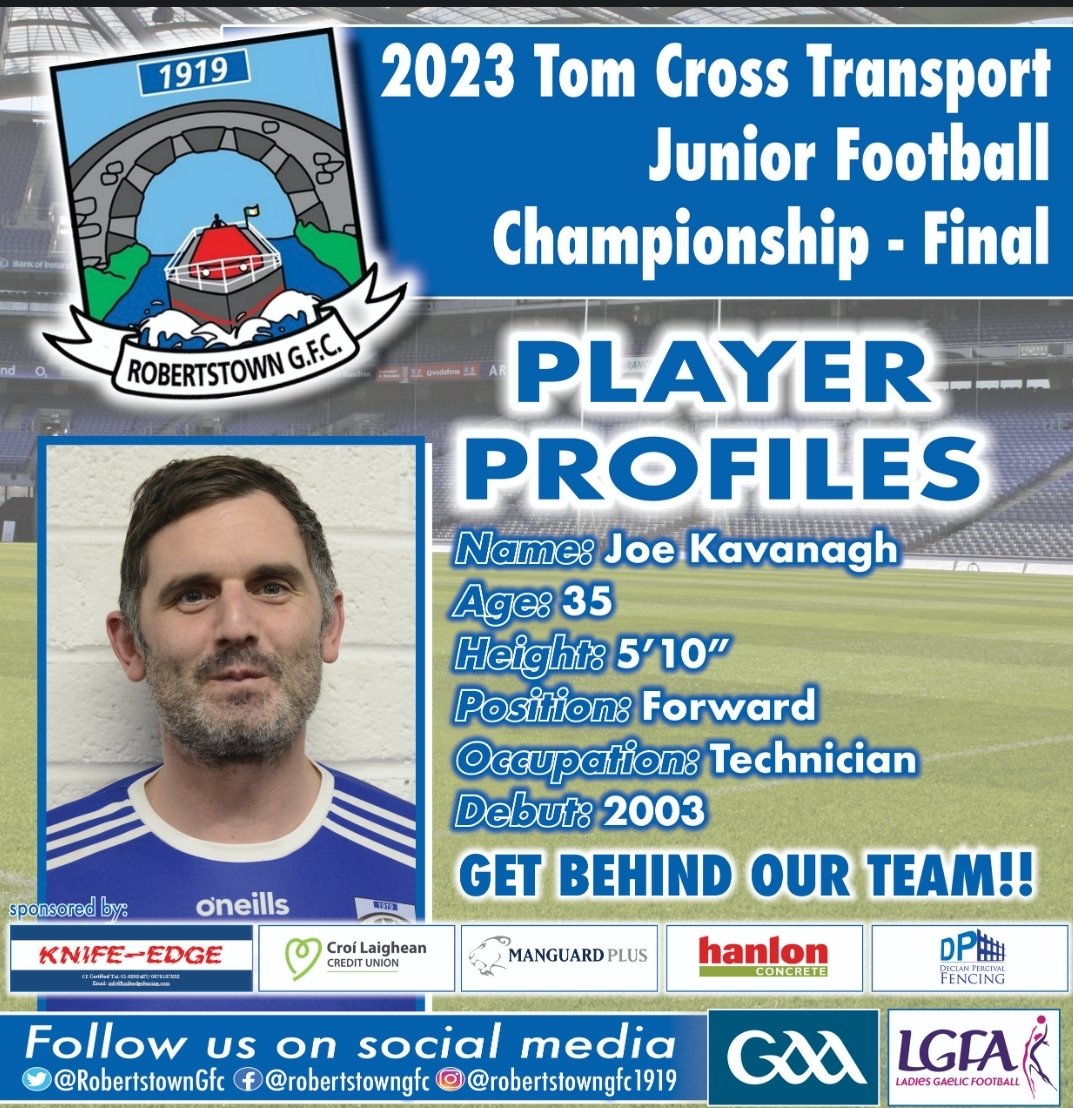 RobertstownGfc's tweet photo. Ahead of the Tom Cross Junior Football Championship Final on Sunday, we want you to meet the panel.
Next up, we have Joe Kavanagh
#robertstownGFC #juniorfinal #tomcrossjuniorchampioship #knifeedgefencing #kildaregaa #meettheteam https://t.co/4jwZ27bduk