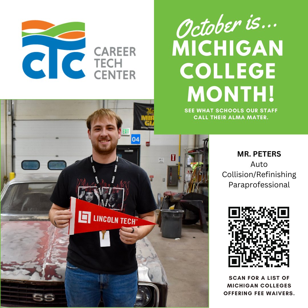 Did you know that Mr. Peters, our new Auto Collision/Refinishing parapro, is a graduate of Montague High School AND a former ACR student? He pursued his automotive dreams at Lincoln College of Technology where he earned a degree in Auto Collision. 🚘🧰 @maisd #MICollegeMonth