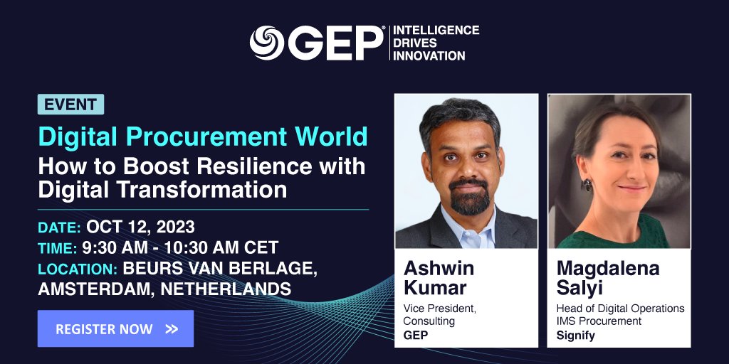 GEP_Worldwide's tweet image. Don&apos;t miss #GEP’s Ashwin Kumar and @SignifyCompany&apos;s Magdalena Salyi at #DPWConference, Amsterdam – the global #procurement event! Learn about boosting resilience through #DigitalTransformation on Oct 12, 9:30 AM CEST. Register now! bit.ly/3rvPKqe