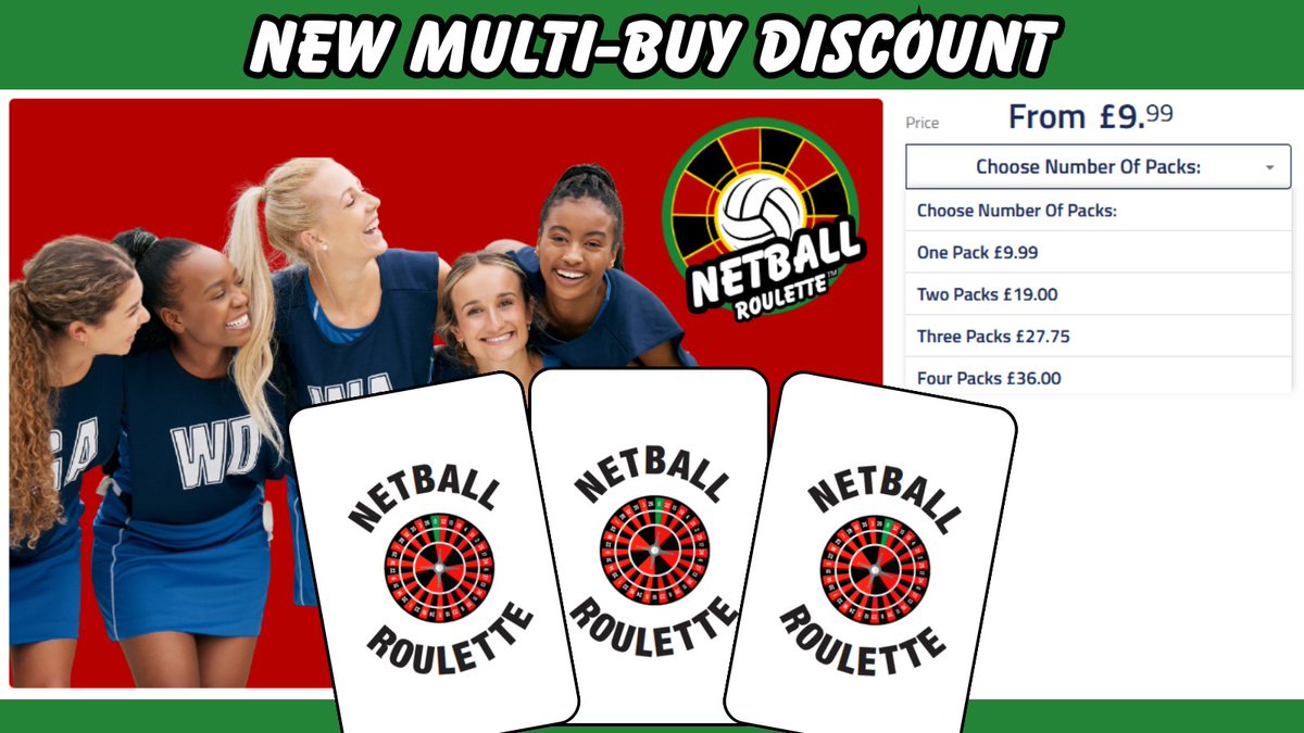 NetballRoulette's tweet photo. We've had a few questions asking if we give discounts for multiple packs... 

The answer is yes, and we've added some options to the website.

Visit https://t.co/zlU0u3pPon 

#netballsocial #netballsuperleague #englandnetball #netballplayer #netballlife #netballcoach #netball https://t.co/f6VvBxek9d