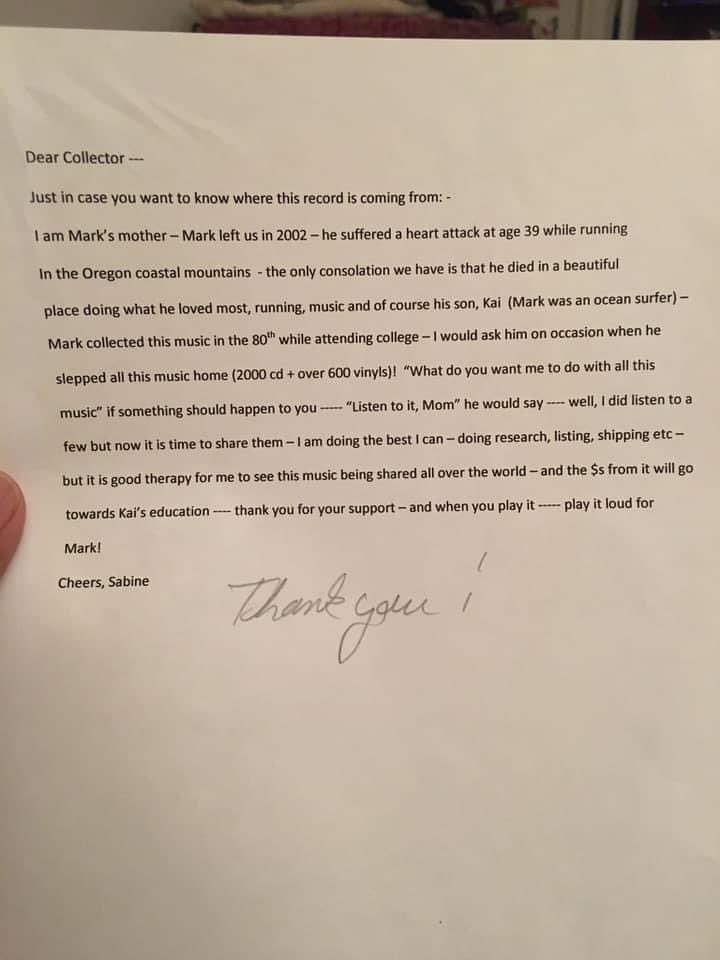 PatThomas1964's tweet image. Via Asif Siddiqi: 
“Note found in a used record I bought online from the original owner's mother” 
(you wouldn’t see an emotional note like this from someone taking over a deceased persons Spotify account or acquiring their old hard drive)