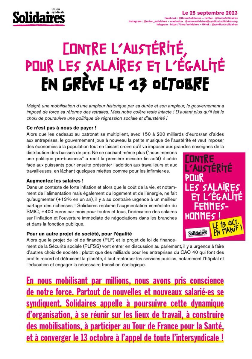 SudEducation93's tweet photo. 📢 Contre l’austérité, pour les salaires et l’égalité, en grève le 13/10/23 ! ✊🏼
#appel #intersyndical #greve #austerite #salaire #egalite https://t.co/E4dqgyjBp9